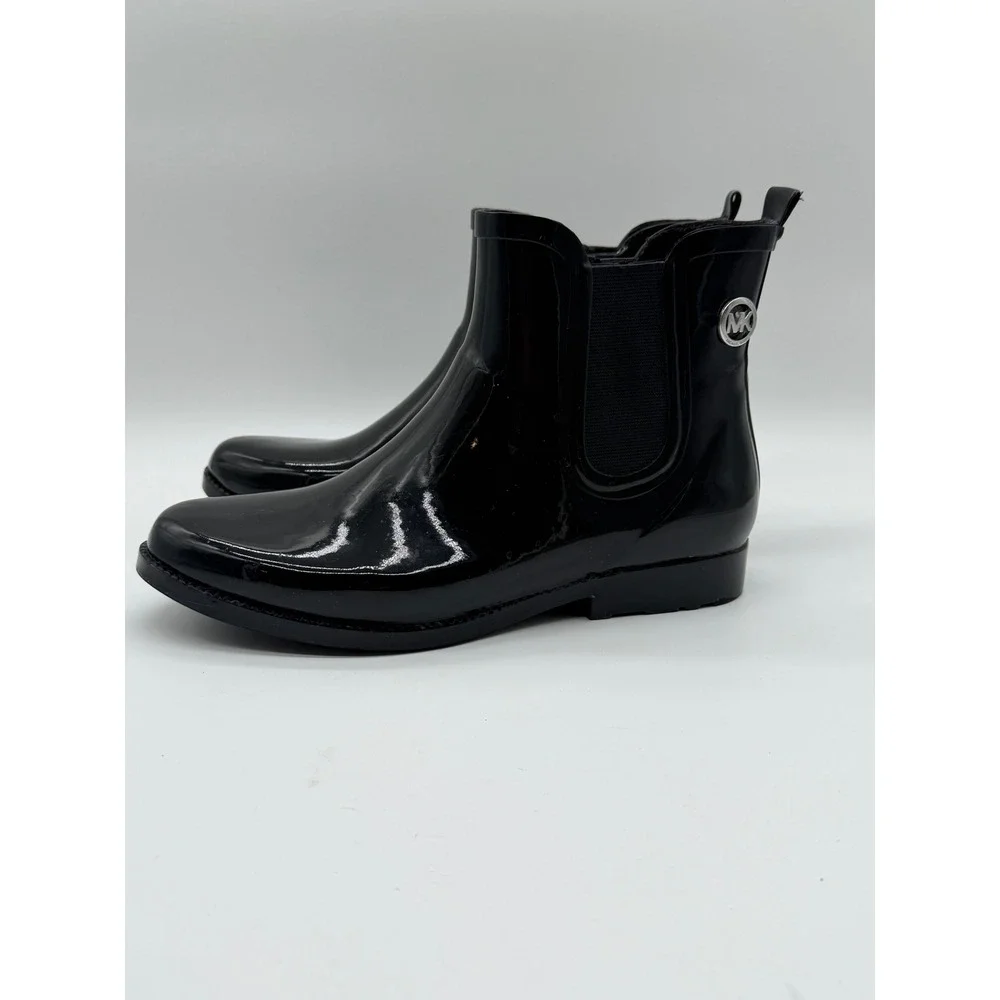Michael Kors Ridley Black Shiny Rubber Chelsea Rain Boots‎ Womens 9 MK Logo